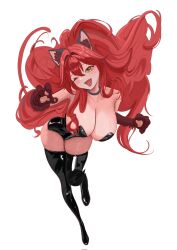1girl animal_ear_fluff animal_ears blush breasts cat_ears cat_girl cleavage dodo1792295 fang gloves goddess_of_victory:_nikke highres large_breasts leaning_forward leather long_hair looking_at_viewer one_eye_closed paw_pose red_hair red_hood_(nikke) yellow_eyes