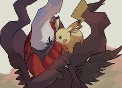 1other ashita_mo blue_eyes claws closed_mouth commentary_request darkrai floating gen_1_pokemon gen_4_pokemon highres legendary_pokemon looking_at_another mythical_pokemon nintendo on_shoulder pikachu pokemon pokemon_(creature) pokemon_on_shoulder smile