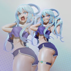 1girl 3d absurdres aqua_(konosuba) arms_up ass blue_eyes blue_hair breasts crop_top crop_top_overhang grin hair_bobbles hair_ornament hair_rings highres kono_subarashii_sekai_ni_shukufuku_wo! leslyzerosix long_hair midriff off_shoulder open_mouth panicking short_shorts shorts skindentation smile smirk spaghetti_strap strapless tears thigh_strap tongue underboob
