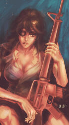 1girl alan_graham assault_rifle brown_eyes brown_hair commentary english_commentary eyepatch gun holding holding_gun holding_weapon long_hair looking_at_viewer lupin_iii m16 mine_fujiko one_eye_covered photoshop_(medium) rifle short_sleeves signature sitting solo weapon