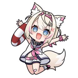 Rule 34 | 1girl, :d, animal ear fluff, animal ears, arms up, belt, belt buckle, black shoes, blue eyes, brown hair, buckle, dog ears, dog girl, dog tail, dress, fang, full body, hair between eyes, hair ornament, hairband, hololive, hololive english, kadose ara, lifebuoy, looking at viewer, mococo abyssgard, multicolored hair, navel, open mouth, pink belt, pink hair, pink hairband, shoe soles, shoes, short shorts, shorts, sleeveless, sleeveless dress, smile, socks, solo, streaked hair, swim ring, tail, transparent background, virtual youtuber, white shorts, white socks, x hair ornament