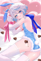 1girl absurdres ahoge alternate_costume animal_ears backless_leotard blue_eyes blue_hair blue_leotard bound bound_wrists breasts candy chocolate chocolate_heart elbow_gloves fake_animal_ears fake_tail food fur-trimmed_leotard fur_trim furina_(genshin_impact) genshin_impact gloves heart heart-shaped_food highres leotard looking_at_viewer lying multicolored_hair on_bed on_side playboy_bunny rabbit_ears rabbit_tail restrained rinmel9 small_breasts streaked_hair tail thighhighs two-tone_hair watermark white_gloves white_hair white_thighhighs