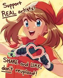 1girl :d artist_name bandana black_gloves blue_eyes brown_hair commentary english_commentary english_text eyelashes gloves heart heart_hands laura_jimenez like_and_retweet looking_at_viewer may_(pokemon) nintendo open_mouth pokemon pokemon_(anime) pokemon_rse_(anime) red_bandana red_shirt shirt short_sleeves smile solo star_(symbol) teeth two-tone_gloves upper_body upper_teeth_only white_gloves yellow_background