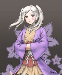 1girl absurdres alternate_costume asagiri_gen asagiri_gen_(cosplay) black_background closed_mouth commentary commentary_request cosplay crossed_arms dr._stone english_commentary eyes_of_grima female_robin_(fire_emblem) fire_emblem fire_emblem_awakening floral_background flower grey_hair grimaisbestwaifu highres looking_at_viewer medium_hair mixed-language_commentary nintendo parted_bangs purple_flower signature smile solo twintails upper_body yellow_eyes