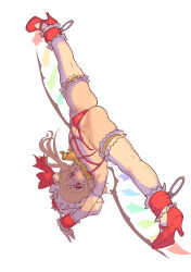 1girl ass blonde_hair commentary_request flandre_scarlet flat_chest full_body groin handstand hat high_heels highres mersoleil03 mob_cap navel red_eyes short_hair simple_background solo split spread_legs thighhighs touhou touhou_tag_dream upside-down white_background wings wrestling_outfit