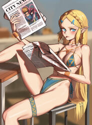 Rule 34 | 1girl, absurdres, alternate costume, bikini, blonde hair, blue bikini, blue eyes, blurry, blurry background, blush, bracelet, braid, breasts, candy, chair, check commentary, chinese commentary, closed mouth, cloudy rain4, commentary, commentary request, commission, earrings, english commentary, english text, feet out of frame, food, gold bracelet, gold earrings, hair ornament, hairclip, hands up, highleg, highleg bikini, highres, holding, holding newspaper, inset, jewelry, latin text, leg up, link, lips, lollipop, looking at viewer, looking to the side, lorem ipsum, medium breasts, mipha, mixed-language commentary, mouth hold, navel, newspaper, nintendo, on chair, parted bangs, pointy ears, princess zelda, sidelocks, sitting, solo, swimsuit, table, the legend of zelda, the legend of zelda: breath of the wild, thigh strap, triforce, zora