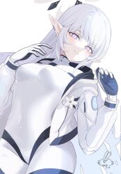 Rule 34 | 1girl, awa (awao141), blue archive, breasts, commentary, cowboy shot, gloves, halo, highres, himari (blue archive), himari (bodysuit) (blue archive), jacket, long hair, long sleeves, looking at viewer, medium breasts, mole, mole under eye, multicolored halo, pointy ears, purple eyes, simple background, smile, solo, two-tone halo, white background, white hair
