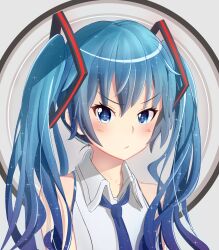 1girl bare_shoulders bib_(bibboss39) blue_eyes blue_hair blue_necktie blush closed_mouth collarbone collared_shirt commentary_request grey_background hair_between_eyes hatsune_miku highres long_hair looking_at_viewer necktie shirt sleeveless sleeveless_shirt solo twintails upper_body v-shaped_eyebrows vocaloid white_shirt
