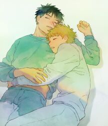 2boys abe_takaya arm_around_waist arm_up black_hair blonde_hair blue_pants blue_shirt closed_eyes crew_neck denim feet_out_of_frame grey_background hand_on_another&#039;s_arm harikoma1010 highres jeans long_sleeves lying male_focus midriff_peek mihashi_ren multiple_boys on_back on_side ookiku_furikabutte pants parted_lips shirt short_hair simple_background sleeping sweatpants teeth white_pants white_shirt yaoi