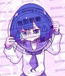 1girl adversarial_noise ai-generated_art_(topic) blue_eyes blue_hair blue_neckerchief blue_sailor_collar blue_skirt chibikki commentary english_text highres long_sleeves looking_at_viewer meta mixed-language_commentary neckerchief original pleated_skirt sailor sailor_collar satire shirt short_hair skirt watermark white_shirt