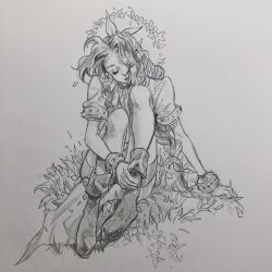 1girl aerith_gainsborough bangle boots bracelet braid braided_ponytail choker closed_eyes closed_mouth cropped_jacket dress final_fantasy final_fantasy_vii flower graphite_(medium) greyscale hair_over_one_eye hair_ribbon highres hugging_own_legs jewelry leslie_hung long_dress monochrome parted_bangs puffy_short_sleeves puffy_sleeves ribbon ribbon_choker short_sleeves shorts_under_dress sidelocks single_braid sketch smile solo traditional_media wavy_hair