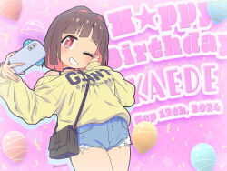 Rule 34 | 1girl, ;d, bag, balloon, black bag, black choker, blue shorts, blush, breasts, brown hair, cellphone, character name, choker, clothes writing, colored inner hair, commentary request, cowboy shot, cutoffs, dated, denim, denim shorts, english text, fingernails, grin, hair intakes, hand on own cheek, hand on own face, hands up, happy birthday, highres, holding, holding phone, hozuki kaede, legs together, long fingernails, long sleeves, looking at viewer, matado (almukha), medium breasts, multicolored hair, off-shoulder sweater, off shoulder, one eye closed, onii-chan wa oshimai!, open mouth, phone, pink background, pink eyes, pink hair, pink nails, pocket, selfie, short hair, short shorts, shorts, shoulder bag, sleeves past wrists, smartphone, smile, solo, standing, star (symbol), sweater, thighs, twitter username, two-tone hair, venus symbol, yellow sweater