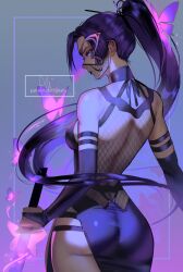 1girl absurdres arialla_draws ass back bare_shoulders breasts dress elbow_gloves fishnets gloves highres holding holding_sword holding_weapon large_breasts long_hair looking_at_viewer marvel marvel_rivals mask ponytail psylocke psylocke_(sai) purple_eyes purple_hair solo sword weapon x-men
