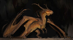 animal_focus brown_scales claws dragon from_side full_body green_eyes horns jaemin_kim monster no_humans scales sharp_teeth signature smaug solo tail teeth the_hobbit tolkien&#039;s_legendarium tusks western_dragon wings