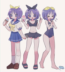 &gt;_&lt; 1girl barefoot bikini bikini_skirt black_bikini black_footwear black_ribbon blue_one-piece_swimsuit blue_sailor_collar blue_skirt blush bow bowtie brown_footwear closed_mouth commentary dot_mouth expressionless flat_chest flying_sweatdrops food frilled_bikini frills full_body hair_ribbon hands_up highres hiiragi_tsukasa holding holding_ice_cream_cone holding_spoon ice_cream_cone legs looking_at_viewer lucky_star multiple_views name_tag navel one-piece_swimsuit open_mouth pleated_skirt popsicle_stick purple_eyes purple_hair ri_(qrcode) ribbon sailor_collar sandals school_swimsuit school_swimsuit_flap school_uniform serafuku shaved_ice shirt short_hair short_sleeves sidelocks skirt smile socks spoon standing stomach swimsuit symbol-only_commentary thighs wavy_mouth white_background white_shirt white_socks yellow_bow yellow_bowtie yellow_ribbon