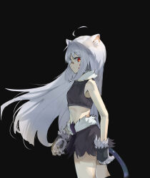 Rule 34 | 1girl, absurdres, animal ear fluff, animal ears, animal hands, bandaid, bandaid on face, bandaid on nose, black background, black gloves, black shirt, black skirt, cat ears, cat girl, cat tail, character request, closed mouth, cowboy shot, crop top, facial mark, from side, frown, fur-trimmed shirt, fur-trimmed skirt, fur trim, gloves, highres, kardia tou abel, long hair, looking at viewer, midriff, number-only commentary, paw gloves, profile, red eyes, shirt, sideways glance, simple background, skirt, sleeveless, sleeveless shirt, slit pupils, solo, sterlank, tail, very long hair, whisker markings, white hair