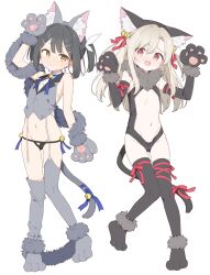 2girls absurdres animal_ear_fluff animal_ears animal_hands arm_up arms_up bell black_footwear black_gloves black_hair black_leotard black_panties black_thighhighs blush breasts brown_eyes brown_hair cat_ears cat_tail center_opening claw_pose elbow_gloves fake_animal_ears fake_tail fate/kaleid_liner_prisma_illya fate_(series) full_body fur_collar garter_straps gloves groin hair_bell hair_ornament hairclip highres illyasviel_von_einzbern illyasviel_von_einzbern_(beast_style) jingle_bell leg_ribbon legs leotard long_hair loose_thighhigh lowleg lowleg_panties miyu_edelfelt miyu_edelfelt_(beast_style) multiple_girls navel neck_bell open_mouth panties paw_gloves paw_shoes purple_footwear purple_gloves purple_shirt purple_thighhighs red_eyes ribbon scarf shirt sleeveless sleeveless_shirt small_breasts smile stomach tail tail_bell tail_ornament tail_ribbon thigh_ribbon thighhighs thighs twintails underwear urotsuki_(ku9625)