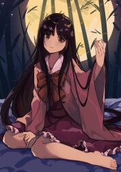 1girl bamboo black_hair bow bowtie brown_eyes closed_mouth frills full_body full_moon hand_in_own_hair hand_on_own_thigh hand_up highres houraisan_kaguya long_hair long_sleeves looking_at_viewer moon pink_shirt puffy_sleeves red_bow red_bowtie red_skirt shirt sitting skirt smile solo tierra_misu touhou very_long_hair wariza