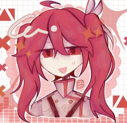 1girl ahoge artist_name bow buttons cross double-breasted double-parted_bangs grey_jacket hair_between_eyes hair_bow hair_ornament hair_ribbon highres jacket kasane_teto kasane_teto_(sv) no_nose open_mouth outline patterned pink_eyes pink_hair raisutea red_background ribbon signature simple_background solo star_(symbol) sweatdrop synthesizer_v triangle turtleneck turtleneck_jacket twintails vocaloid white_background white_outline white_ribbon