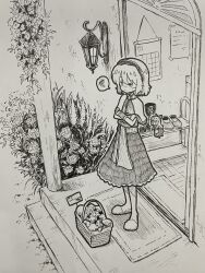 Rule 34 | 1girl, alice margatroid, basket, boots, calendar (object), capelet, closed mouth, crossed arms, doll, dress, floating, flower, frilled hairband, frills, greyscale, hairband, hat, highres, lolita hairband, monochrome, mushroom, shanghai doll, shoes, slippers, solo, spoken squiggle, squiggle, suteruko, touhou, traditional media, unworn boots, unworn shoes, witch hat, wrist cuffs