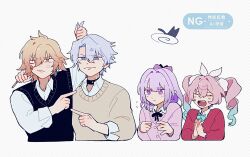 2boys 2girls anger_vein antenna_hair aqua_hair black_choker black_vest blonde_hair blue_eyes bow braid brown_vest cardigan castorice_(honkai:_star_rail) choker closed_eyes collared_shirt commentary_request facial_tattoo grabbing_another&#039;s_hair gradient_hair hair_between_eyes honkai:_star_rail honkai_(series) hyacine_(honkai:_star_rail) medium_hair multicolored_hair multiple_boys multiple_girls mydei_(honkai:_star_rail) phainon_(honkai:_star_rail) pink_bow pink_cardigan pink_hair pointing purple_eyes purple_hair red_cardigan red_hair red_tattoo shirt short_hair side_braid simple_background tattoo twintails umimomomomo vest watermark white_background white_hair white_shirt yellow_eyes