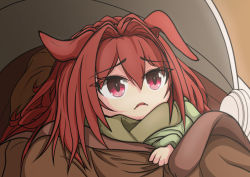 Rule 34 | 1girl, aged down, animal ears, brown hair, cosplay, cradle, ctn sasuke, daiwa scarlet (umamusume), grogu, grogu (cosplay), hair between eyes, horse ears, horse girl, long hair, red eyes, scene reference, single ear down, solo, star wars, the mandalorian, umamusume