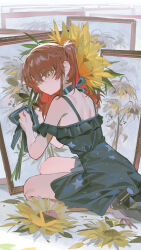1girl absurdres back black_dress black_shoes bocchi_the_rock! breasts brown_hair closed_mouth dress flower green_eyes highres holding holding_flower kita_ikuyo looking_at_viewer omurice_(304975636) shoes sideboob sitting solo sunflower