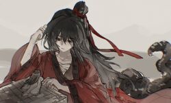 1boy bandaged_chest black_eyes black_hair black_hanfu chinese_clothes closed_mouth coat collarbone creature dao_gui_yi_xian eyeball floating_hair giant grey_background hair_between_eyes hair_bun hair_ribbon half_updo hand_on_own_head hand_up hanfu highres li_huowang li_sui_(tentacles) long_hair long_sleeves looking_at_another looking_down mini_person miniboy red_coat red_ribbon ribbon robe shuiyuan single_hair_bun solo solo_focus tentacles upper_body very_long_hair wide_sleeves zhuge_yuan