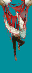 1boy absurdres air_(ai_r_) ambiguous_red_liquid barefoot blue_background blue_hair broken_egg egg feathered_wings full_body hair_ornament hair_scrunchie hatching highres jujutsu_kaisen long_hair low-tied_long_hair mahito_(jujutsu_kaisen) male_focus scrunchie solo stitched_neck stitches wings