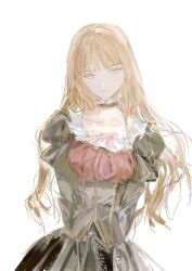 1girl beatrice_(umineko) blonde_hair blue_eyes bow breasts choker dress hair_down highres juliet_sleeves long_hair long_sleeves maouasuka pink_bow puffy_sleeves solo umineko_no_naku_koro_ni upper_body