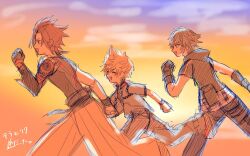 3boys ao_ringo_(yakirinngo_ha) armor blonde_hair blue_eyes blush brown_hair checkered_print closed_eyes cloud cloudy_sky grey_hair happy jewelry kingdom_hearts kingdom_hearts_iii male_focus multiple_boys necklace open_mouth riku_(kingdom_hearts) roxas running short_hair shoulder_armor sketch sky smile spiked_hair terra_(kingdom_hearts) twilight