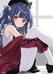1girl artist_name beret black_bow black_hat black_ribbon black_shoes black_skirt blue_hair bow closed_mouth cross-laced_clothes cross-laced_sleeves eluthel fake_horns hair_bow hat highres horned_headwear horns idolmaster idolmaster_cinderella_girls indoors jacket long_hair long_sleeves looking_at_viewer neck_ribbon pantyhose red_eyes red_jacket ribbon sajo_yukimi shirt shoes sitting skirt sleeve_bow sleeveless sleeveless_shirt sleeves_past_fingers sleeves_past_wrists smile solo two_side_up white_bow white_pantyhose white_shirt
