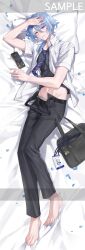 1boy absurdres ayaka_(genshin_impact) bag barefoot belt black_male_underwear black_pants black_shirt blue_hair calvin_klein dakimakura_(medium) dakimakura_(object) emong feet genshin_impact hair_between_eyes highres kamisato_ayato long_hair looking_at_viewer lying male_focus male_underwear midriff navel open_clothes open_shirt pants pillow purple_eyes sample_watermark school_uniform shirt short_hair short_hair_with_long_locks smile solo stomach thoma_(genshin_impact) toes underwear watermark white_shirt