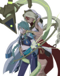 1boy 1girl aqua_sash arms_behind_back baizhu_(genshin_impact) bare_shoulders between_legs bike_shorts black_shirt blonde_hair bound bound_wrists braid breasts cape character_request chinese_clothes commentary_request covered_eyes crop_top eye_mask femdom genshin_impact glasses green_hair hair_between_eyes hand_on_another&#039;s_face hetero highres hood hood_up large_breasts long_hair midriff navel pants parted_bangs parted_lips purple_pants red_cape semi-rimless_eyewear shirt short_sleeves sidelocks simple_background sleeveless sleeveless_shirt smile standing sweat tassel torn_clothes torn_shirt twitter_username under-rim_eyewear usushio_oishii vambraces very_long_hair waist_cape white_background white_shirt yellow-framed_eyewear yellow_eyes
