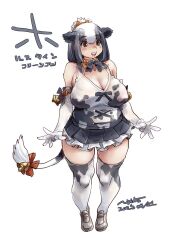 1girl animal_ears animal_print bell black_eyes black_hair bow bowtie breasts cleavage cow_ears cow_girl cow_print cow_tail cowbell elbow_gloves extra_ears full_body gloves holstein_friesian_cattle_(kemono_friends) kemono_friends large_breasts multicolored_hair nyororiso_(muyaa) ribbon shirt shoes short_hair simple_background skirt sleeveless sleeveless_shirt solo tail thighhighs two-tone_hair white_hair