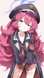 Rule 34 | 1girl, armband, black coat, black eyes, black hat, black shirt, black skirt, blue archive, blue halo, breasts, cleavage, coat, halo, hat, highres, iroha (blue archive), leaning forward, long hair, long sleeves, looking at viewer, military hat, necktie, open mouth, peaked cap, pencil skirt, red armband, red hair, red necktie, sabana, shirt, simple background, skirt, small breasts, solo, very long hair, wavy hair, white background