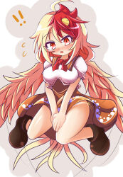absurdres animal animal_on_head bird bird_on_head bird_tail bird_wings boots breasts brown_boots chick chicken dress feathered_wings highres holding holding_whistle large_breasts long_earlobes minato_mal multicolored_hair niwatari_kutaka on_head orange_dress orange_skirt panties red_hair skirt tail touhou two-tone_hair underwear whistle white_panties wily_beast_and_weakest_creature wings yellow_wings