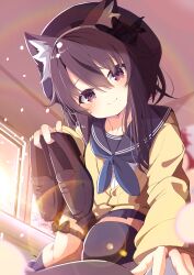 Rule 34 | 1girl, absurdres, animal ear fluff, animal ears, asymmetrical legwear, beret, black hair, black sailor collar, black skirt, black thighhighs, blue neckerchief, blush, bow, cardigan, cat ears, cat girl, commission, hair between eyes, hat, highres, holding, holding shoes, holding unworn clothes, indoors, lens flare, loafers, long hair, long sleeves, looking at viewer, mole, mole under mouth, neckerchief, original, pleated skirt, pov, purple eyes, sailor collar, school, school uniform, serafuku, shiro9jira, shirt, shoes, single thighhigh, skeb commission, skirt, smile, socks, solo, sunset, thighhighs, unworn shoes, white shirt, window, yellow cardigan