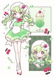 1girl aobahosino apron cherry cherry_hat_ornament chibi chibi_inset closed_mouth dress food fruit green_dress green_hair hand_up hat ice_cream ice_cream_float long_hair looking_at_viewer multiple_views original personification polka_dot polka_dot_dress roller_skates shoes short_dress signature skates smile standing white_apron white_hat white_shoes