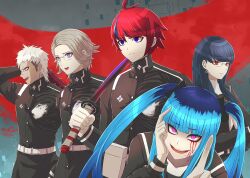 2girls 3boys ahoge amemiya_darumi aotsuki_eito black_hair blue_eyes blue_hair closed_mouth eyepatch face_piercing glasses grey_background highres holding holding_sword holding_weapon last_defense_academy_school_uniform lip_piercing long_hair long_sleeves looking_at_viewer messy_hair multicolored_eyes multicolored_hair multiple_boys multiple_girls open_mouth piercing pink_eyes purple_hair red_background red_eyes red_hair shizuhara_hiruko simple_background sumino_takumi sword teeth the_hundred_line_-last_defense_academy- tongue weapon white_hair yakushiji_takemaru yellow_eyes