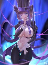 Rule 34 | 1girl, absurdres, azur lane, black hat, black pantyhose, black shrug, blue eyes, blue hair, blurry, blurry background, breast curtains, breasts, cheshire (azur lane), cheshire (the cat in the magic hat) (azur lane), commentary, cowboy shot, finger to mouth, hat, highres, large breasts, long sleeves, looking at viewer, meme attire, moire, multicolored hair, nontraditional playboy bunny, official alternate costume, open mouth, pantyhose, purple hair, qkun, reverse bunnysuit, reverse outfit, see-through clothes, short hair, shrug (clothing), solo, streaked hair, thigh strap, top hat, two-tone hair