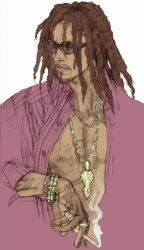 1boy chain cigarette dreadlocks eddy_gordo facial_hair holding holding_cigarette jewelry kawano_takuji looking_to_the_side male_focus necklace official_art open_clothes open_shirt ring shirt simple_background solo sunglasses tekken tekken_4 upper_body white_background