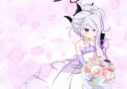 Rule 34 | 1girl, absurdres, black halo, blue archive, bouquet, breasts, demon girl, demon horns, dress, earrings, flower, halo, highres, hina (blue archive), holding, holding bouquet, horns, jewelry, long hair, necklace, pendant, purple eyes, small breasts, solo, standing, user fgwg4327, wedding dress, white hair