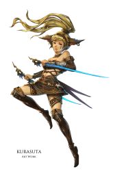 Rule 34 | 1girl, animal ears, artist name, bad id, bad pixiv id, bare shoulders, belt, brown eyes, brown hair, brown skirt, brown thighhighs, dual wielding, earrings, fantasy, female focus, full body, highres, holding, jewelry, kurasuta, long hair, matching hair/eyes, midriff, original, ponytail, skirt, solo, standing, standing on one leg, sword, thighhighs, weapon, white background