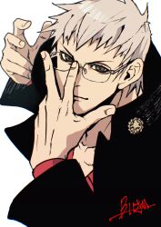 Rule 34 | 1boy, arm up, blonde hair, burning isaka, closed mouth, collarbone, collared jacket, commentary, glasses, grey eyes, hand on own face, high collar, highres, jacket, justice gakuen, kagami kyousuke, layered clothes, layered sleeves, long sleeves, looking at viewer, male focus, red shirt, rimless eyewear, shirt, simple background, solo, undershirt, upper body, white background