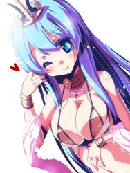 1girl bikini blue_eyes blue_hair bracelet breasts bright_pupils crown dancer_(ragnarok_online) female_focus heart jewelry large_breasts long_hair lots_of_jewelry matching_hair/eyes miuku_(marine_sapphire) one_eye_closed ragnarok_online smile solo swimsuit very_long_hair wink