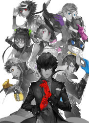 10s 3boys 4girls amamiya_ren black_hair blue_eyes blue_gloves bodysuit braid breasts cat cleavage club3 commentary_request crown_braid fox_mask glasses gloves goggles goggles_on_head green_gloves hat highres kitagawa_yuusuke large_breasts limited_palette long_hair looking_at_viewer mascot mask medium_breasts monochrome morgana_(persona_5) multiple_boys multiple_girls niijima_makoto okumura_haru persona persona_5 pink_gloves purple_eyes purple_gloves red_eyes red_gloves sakamoto_ryuuji sakura_futaba short_hair simple_background smile spot_color takamaki_anne twintails white_background yellow_gloves