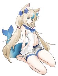 1girl absurdres ahoge animal_ear_fluff animal_ears barefoot blonde_hair blue_eyes blue_hair breasts cat_ears dress fins fish_girl fish_tail han_ma53 highres indie_virtual_youtuber long_hair looking_at_viewer low_twintails multicolored_hair one_side_up sameko_saba short_shorts shorts sleeveless sleeveless_dress small_breasts solo streaked_hair tail twintails very_long_hair virtual_youtuber white_dress white_shorts