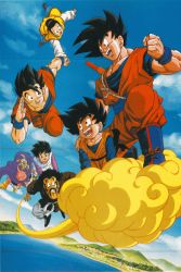 Rule 34 | 2girls, 5boys, chi-chi (dragon ball), cleaned, dragon ball, dragonball z, majin buu, multiple boys, multiple girls, nature, official art, outdoors, plant, scan, sky, son gohan, son goku, son goten, videl, yamamuro tadayoshi