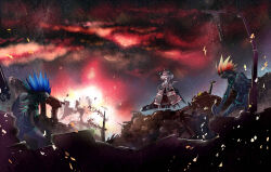 1girl ahoge ajitarou_(setsu) dress emil_chronicle_online highres holding holding_cannon holding_weapon horns mecha_musume mechanical_horns mitama_aria monster robot_ears ruins standing weapon white_dress white_hair